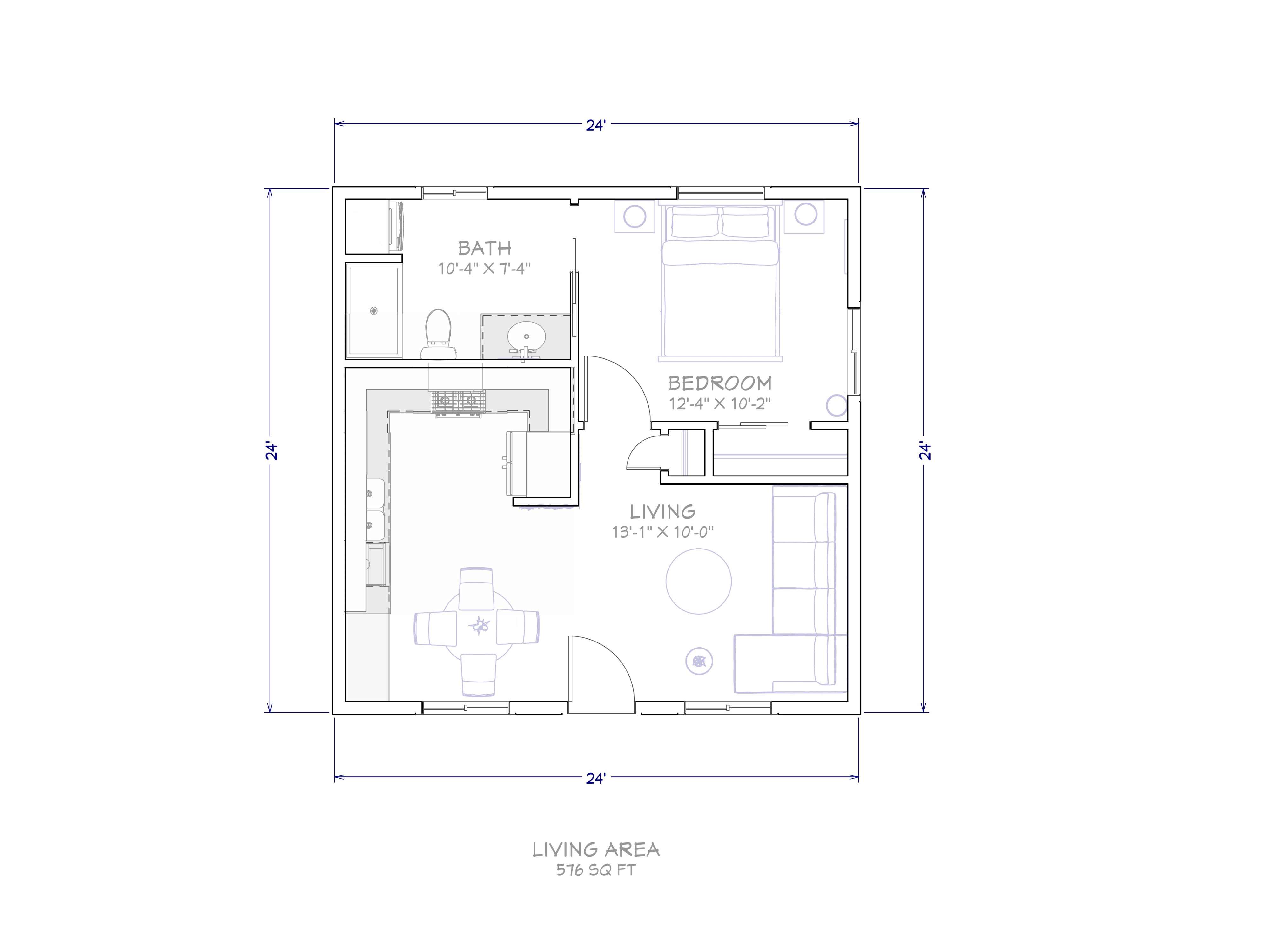 The Casita. 576 sq ft, 24 by 24, 1 bd / 1 ba.