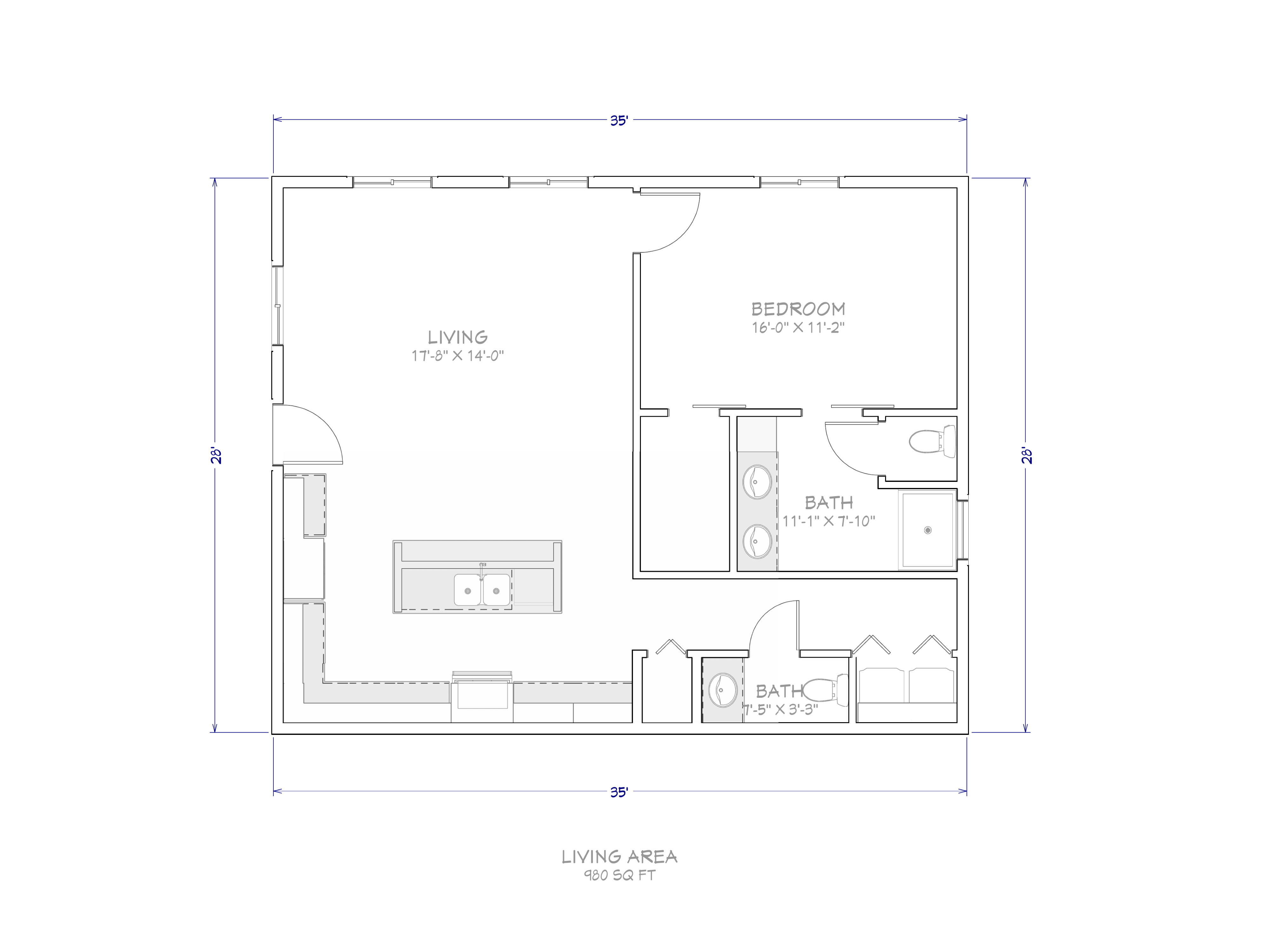 The Hacienda. 980 sq ft, 35 by 28, 1 bd / 2 ba.