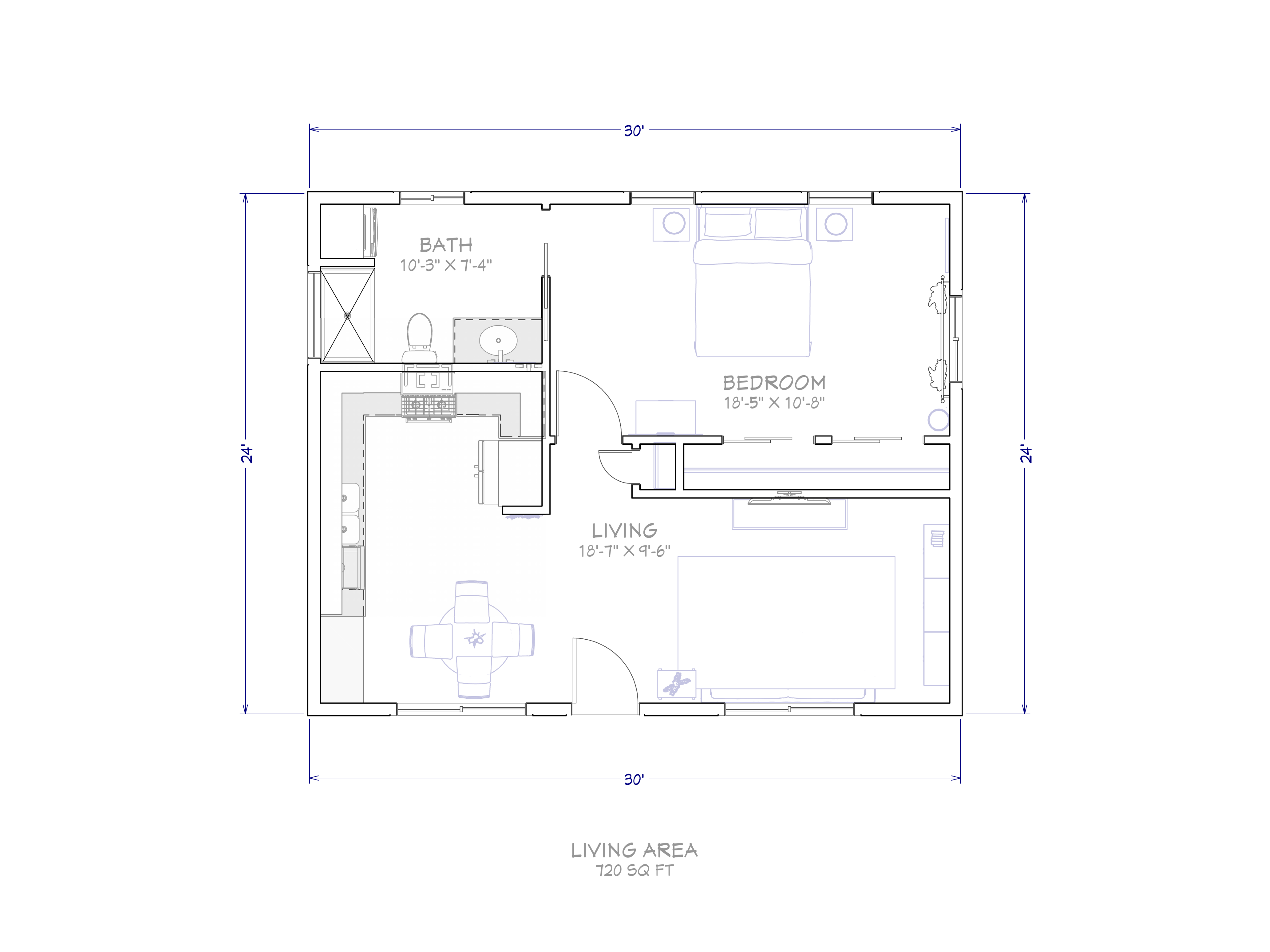 The Retreat. 720 sq ft, 30 by 24, 1 bd / 1 ba.