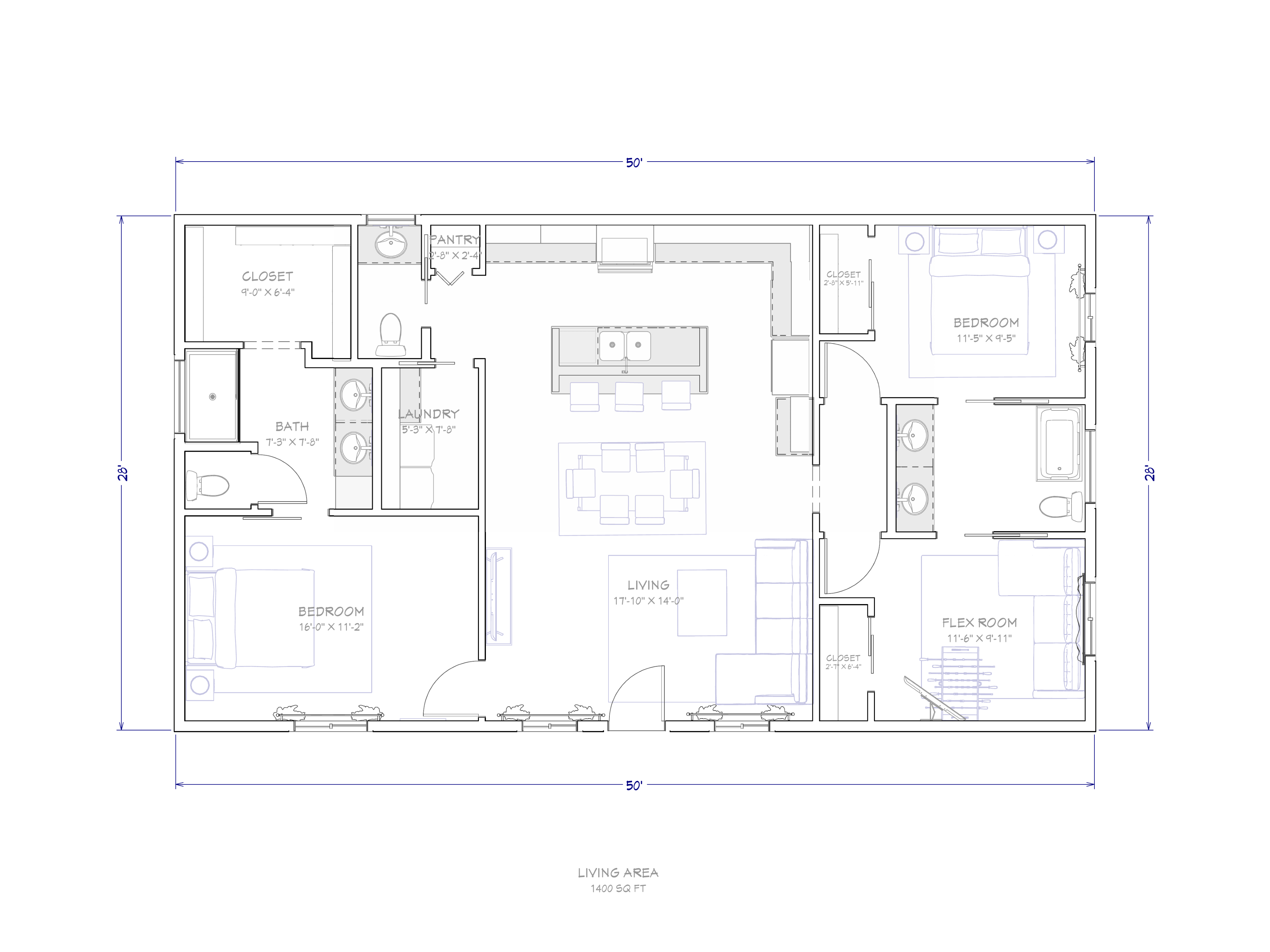 The Sonoran. 1,400 sq ft, 50 by 28, 2 bd / 2 ba.