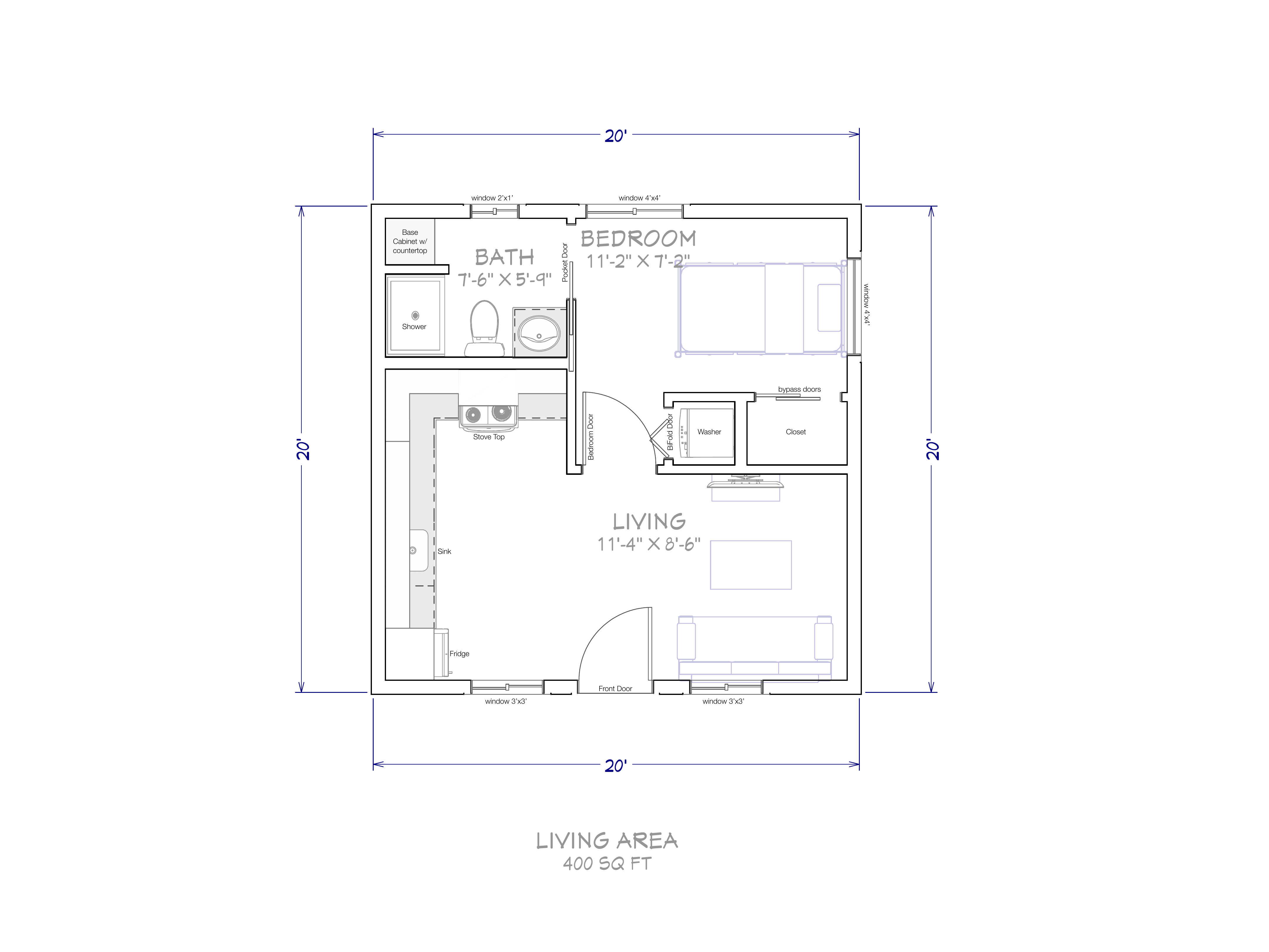 The Studio. 400 sq ft, 20 by 20, 1 bd / 1 ba.